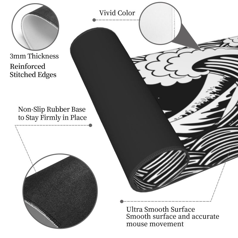 MOLIAN Black and White Japanese Wave Gaming Mouse Pad XL  Large Non Slip Rubber Mousepad  Stitched Edges Desk Pad  Long Extended Mice Pad 31.5'' X 11.8'' - Image 4